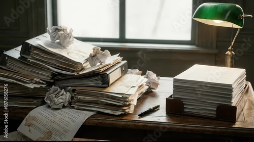 Wallpaper Mural Cluttered Desk with Stacks of Disorganized Papers and Green Lamp Creates Chaotic Office Atmosphere and Focused Workspace Torontodigital.ca