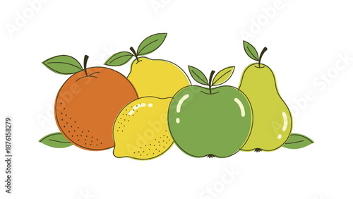 A colorful illustration of various fruits including orange, lemon, apple, and pear arranged together on a white background.