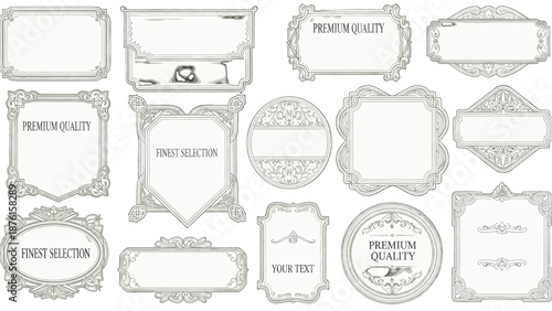 Collection of ornate vintage labels and frames on a white background