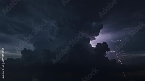Wallpaper Mural Towering dark cumulonimbus looms over a flat horizon, crackling with purple lightning veins at night Torontodigital.ca