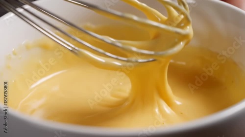 Wallpaper Mural Whisk vigorously mixing smooth golden batter in a white bowl, creating glossy ripples and light foam Torontodigital.ca