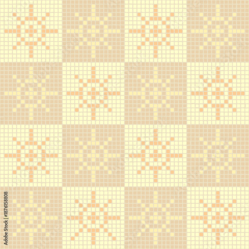 folk suns of hand drawn pixels. warm colors. vector seamless pattern. repetitive background. modern decorative art. geometric fabric swatch. continuous textile design. ebroidery template
