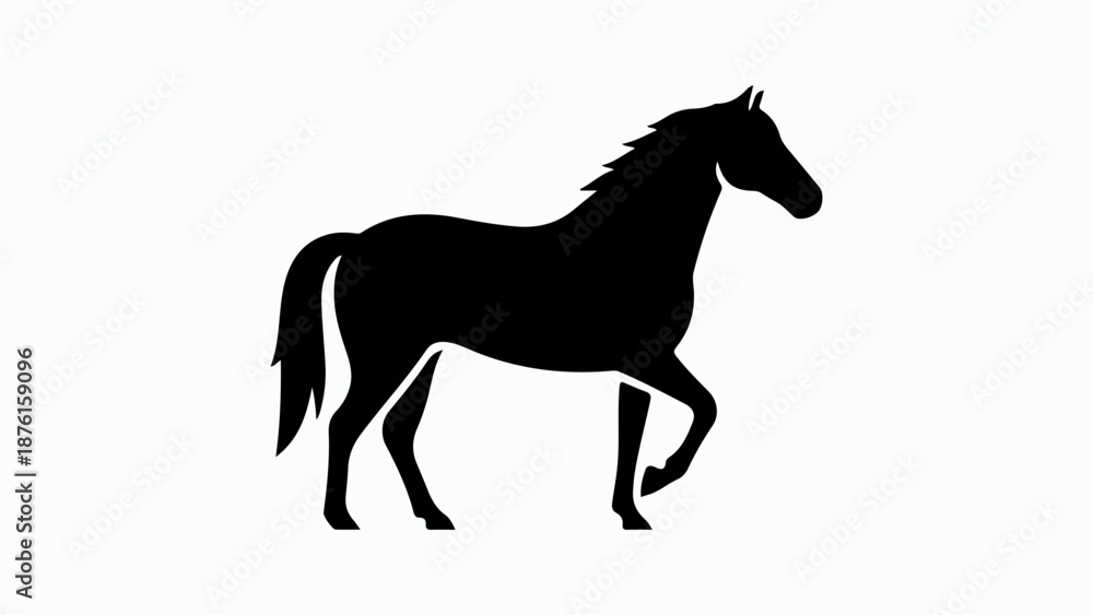 Fototapeta premium Black silhouette of a horse standing on a white background, depicting a majestic equine animal.