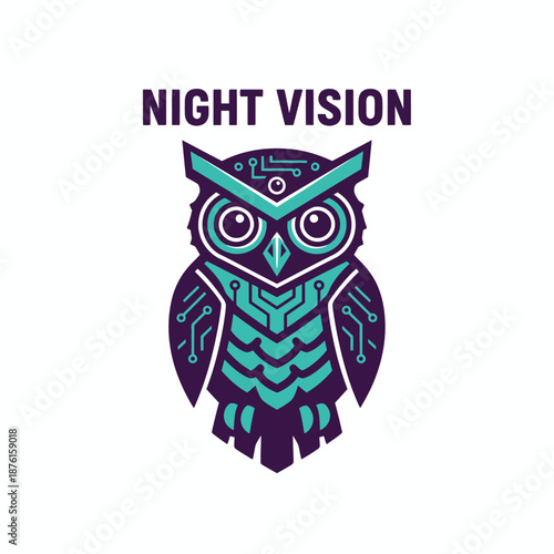 Cybernetic owl icon with circuit board patterns for artificial intelligence or surveillance tech NIGHT VISION text