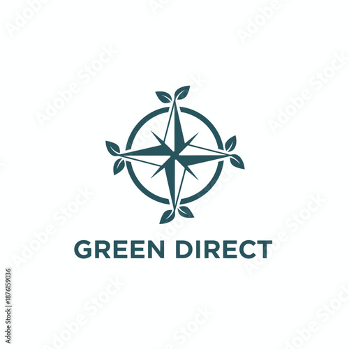 Compass rose icon with growing green leaves for eco friendly navigation or organic shipping service GREEN DIRECT text