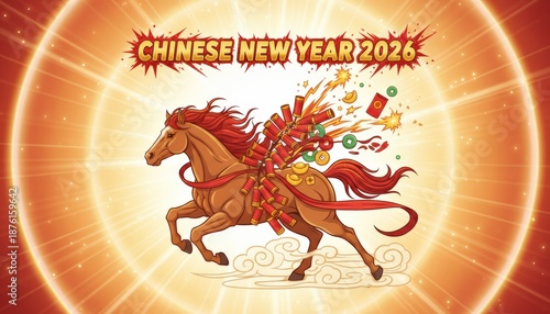 Vibrant Year of the Horse 2026 Lunar New Year design powerful galloping zodiac animal with exploding firecrackers coins and ingots , Perfect Any Project.