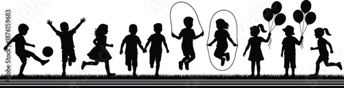 Children playing silhouette set, happy kids outdoor activities collection, childhood fun concept, minimal black vector illustration