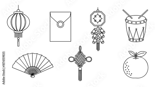 Monoline single-line vector icon set of Chinese New Year elements with hanging lanterns, red envelope, firecracker, drum, fan, knot ornament and mandarin orange