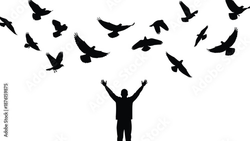 Man raising hands with flying birds silhouette, freedom liberation concept, hope inspiration illustration, spiritual success symbol isolated