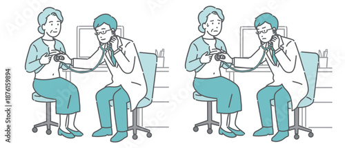 聴診器で診察する男性医師のイラストセット（白衣・高齢女性患者・通常と体調不良）