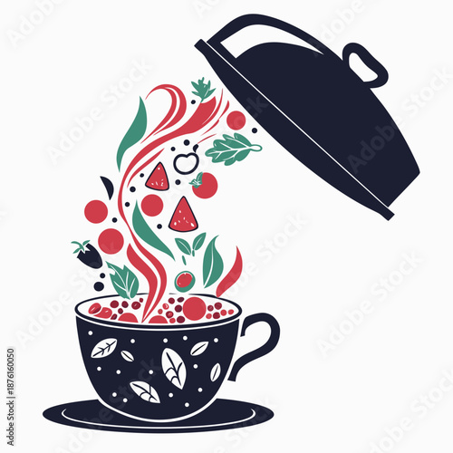 Vibrant tea cup overflowing with fresh fruits and leaves