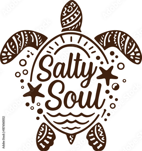 Vector art of salty soul sea turtle tribal style logo design for beach lovers and ocean enthusiasts