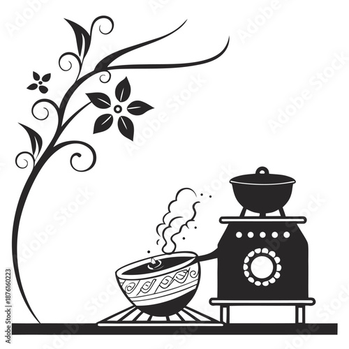 Traditional cooking setup with steaming pot and kettle on stove
