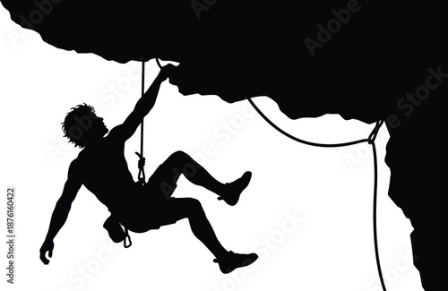 Rock climbing silhouette, extreme adventure sport climber rappelling on cliff with rope, courage strength risk outdoor exploration concept