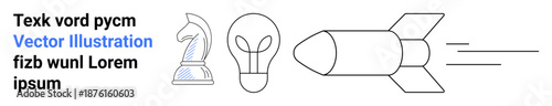 Creativity, innovation, strategy, progress, design, education. Chess knight, lightbulb rocket and text in line style. Creative thinking and innovation concept