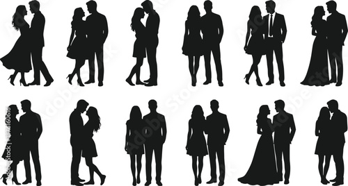 Romantic couple silhouette collection, elegant man and woman love poses, dating relationship concept, black isolated vector illustration set