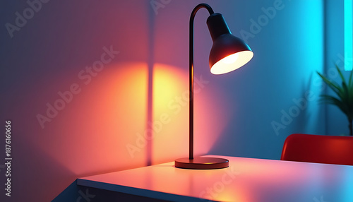 Minimalist desk lamp with warm glow illuminating a white wall and desk, casting a red and blue ambient light in the background