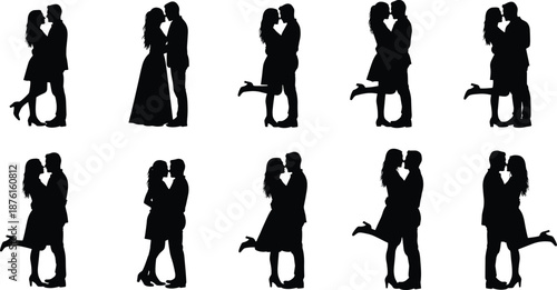 Romantic couple silhouette poses set, kissing lovers in different positions, love relationship black and white vector illustration