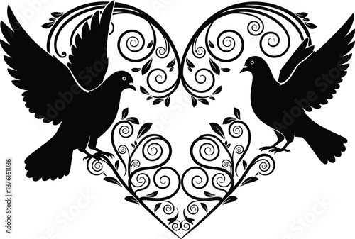 Romantic love birds silhouette forming ornamental heart with floral swirls, elegant black and white vector illustration design