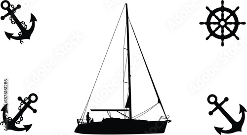 Sailboat silhouette with nautical icons, anchor wheel symbols, marine navigation concept, sailing yacht, isolated black vector illustration