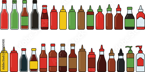 Sauce bottles illustration set, ketchup mustard mayo condiment containers, food packaging collection, plastic squeeze bottles, cooking sauces vector