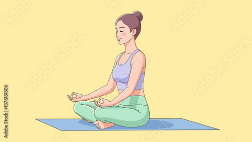 Woman meditating in lotus pose on yoga mat, calm mind, inner peace, mindfulness