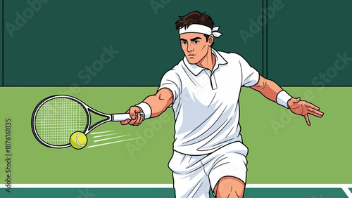 Tennis Player Hitting Forehand Shot on Grass Court, Professional Athlete Action