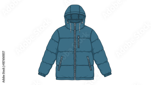 Teal Puffer Jacket with Hood - Winter Fashion, Outerwear, Isolated on White