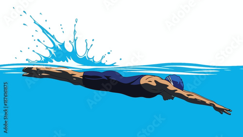 Swimmer performing butterfly stroke underwater with splash and water ripples