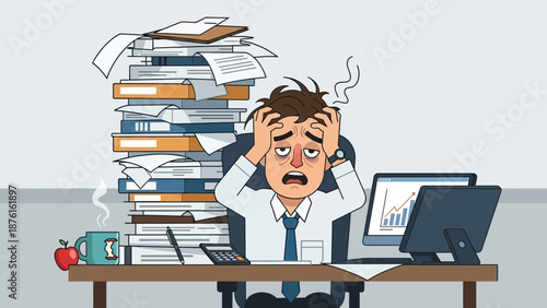 Stressed Businessman Overwhelmed by Workload, Pile of Documents and Deadline Pressure