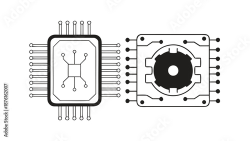 Microchip and circuit board components in detailed technical illustration