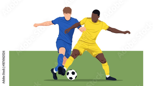 Soccer players competing for the ball on a green field, sports illustration
