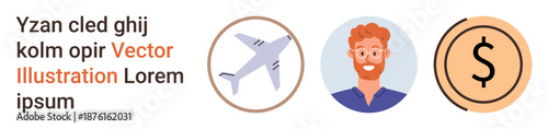 Business travel, freelancing, finance, remote work, aviation, global economy. Airplane, bearded man and dollar coin symbols. Business travel and freelancing concepts