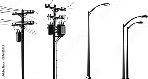Black Silhouette Set of Electric Power Utility Poles and Modern Curved Street Light Lamps Isolated on White Background for Infrastructure