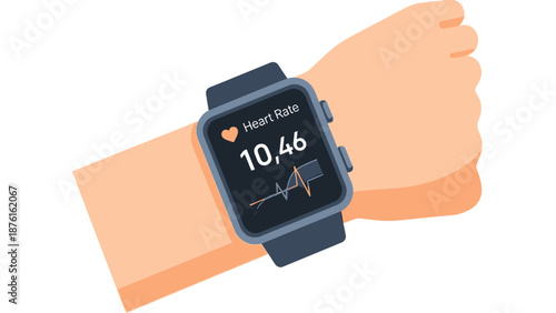 Smartwatch displays heart rate on wrist, health monitoring, fitness tracker, medical data