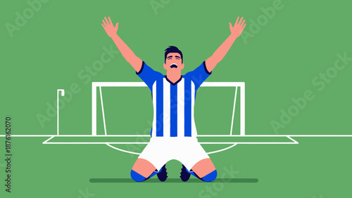 Soccer player celebrating victory, kneeling on field, arms raised, goal in background