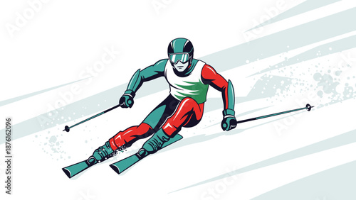 Skier racing downhill on a snowy slope, dynamic action shot, winter sports illustration