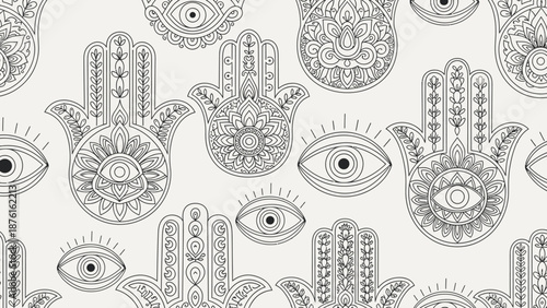 Seamless Pattern, Hamsa Hands, Evil Eye Symbols, Bohemian Style, Line Art