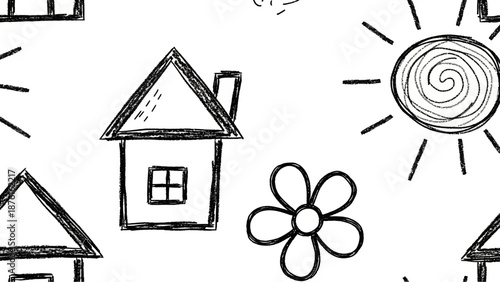 Seamless Pattern with Hand-Drawn Houses, Sun, and Flower - Childlike Sketch Art