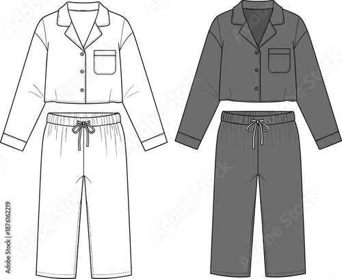 Women Long Sleeve Pajama Set Fashion Flat Sketch Vector with Button Down Shirt and Elastic Waist Pants for Technical Apparel Design