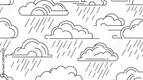 Seamless Pattern of Outline Clouds and Rain Drops, Minimalist Weather Background