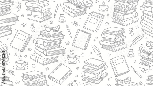 Seamless Pattern of Books, Glasses, Inkwells and Coffee Cups - Doodle Style