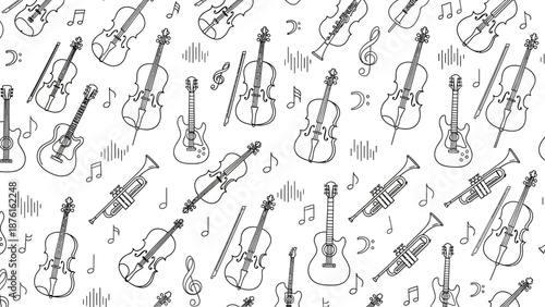 Seamless Pattern of Musical Instruments and Notes Hand-Drawn Sketch Style