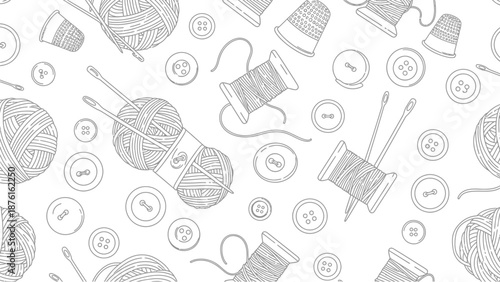 Seamless Pattern of Knitting and Sewing Supplies: Yarn, Needles, Buttons, Thimbles
