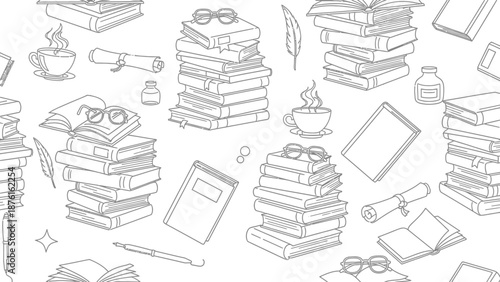 Seamless Pattern of Books, Coffee, and Writing Tools - Hand-Drawn Vector Illustration