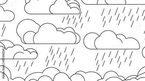 Seamless Pattern: Line Art Clouds and Rain, Minimalist Weather Background