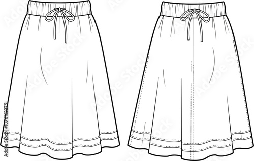 Women A-Line Midi Skirt Fashion Flat Sketch Vector Set with Front and Back View Templates for Technical Apparel Design Mockup