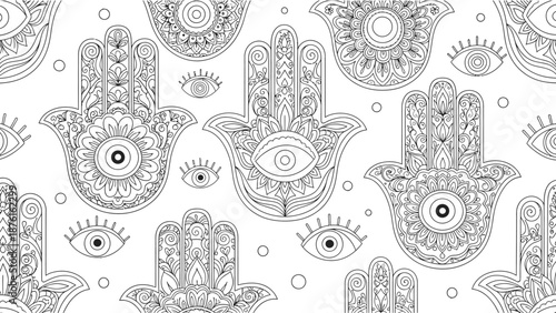 Seamless Hamsa Hand Pattern with Evil Eye Symbols - Ethnic and Spiritual Design