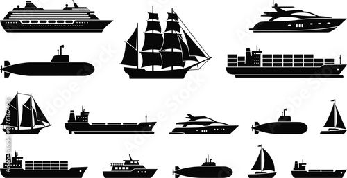 Ship and boat silhouette icon set, maritime vessels collection, cruise cargo sail submarine yachts, nautical vector illustration