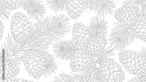 Pine Cone Branch Pattern - Gray Line Art on White Background